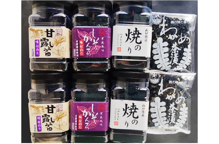 海苔6本セット 甘露しょうゆ海苔・しそかんろ・焼き海苔 各2本+わかめ茶漬け2袋