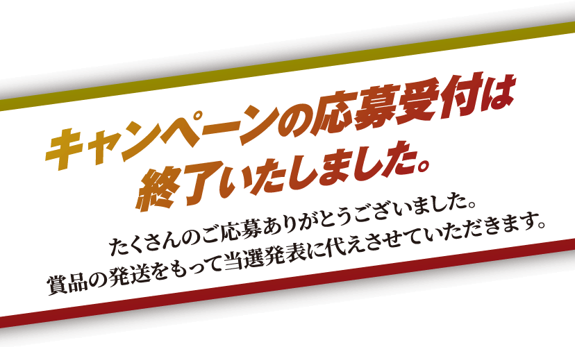 キャンペーンの応募受付は終了いたしました。 たくさんのご応募ありがとうございました。ご当選の方のみ、メールにて通知させていただきます。